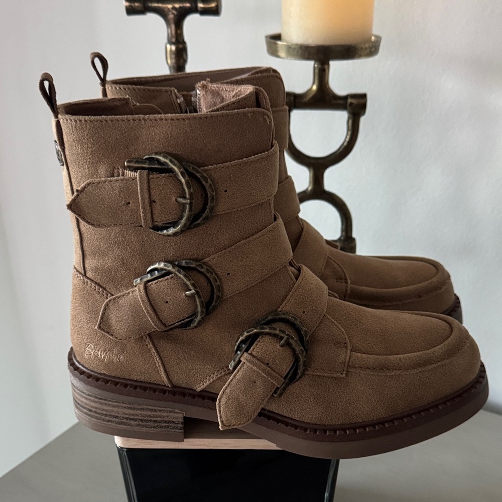 Suede Buckle Combat Boots in Tan